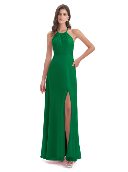 Samira Sheath Floor Length Halter Split Chiffon Bridesmaid Dresses