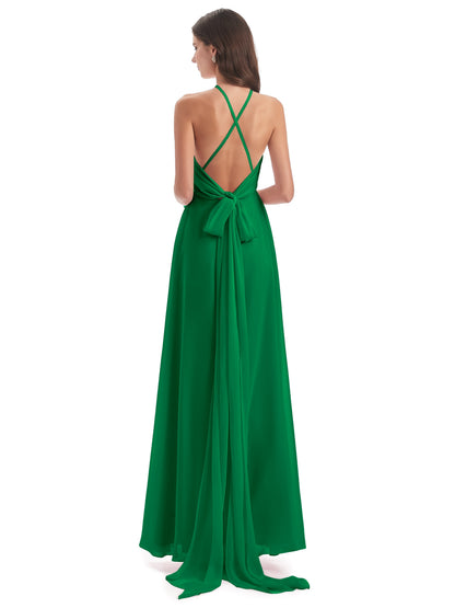 Samira Sheath Floor Length Halter Split Chiffon Bridesmaid Dresses