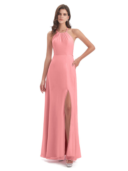 Samira Sheath Floor Length Halter Split Chiffon Bridesmaid Dresses