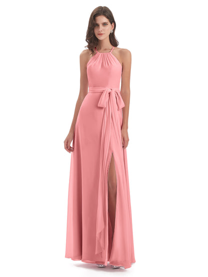 Samira Sheath Floor Length Halter Split Chiffon Bridesmaid Dresses