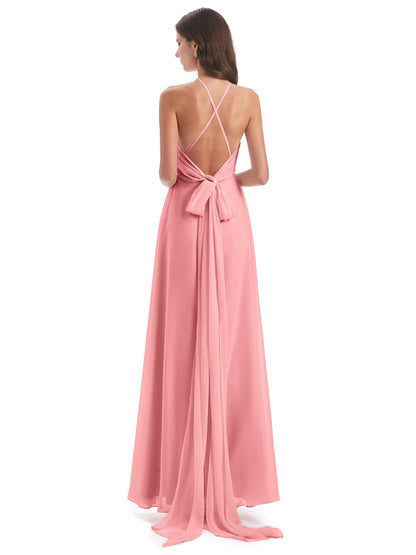 Samira Sheath Floor Length Halter Split Chiffon Bridesmaid Dresses