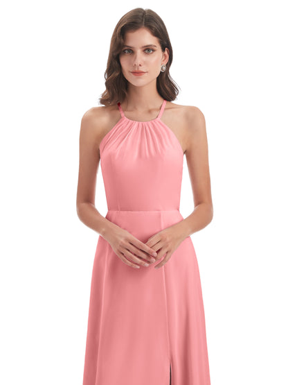 Samira Sheath Floor Length Halter Split Chiffon Bridesmaid Dresses