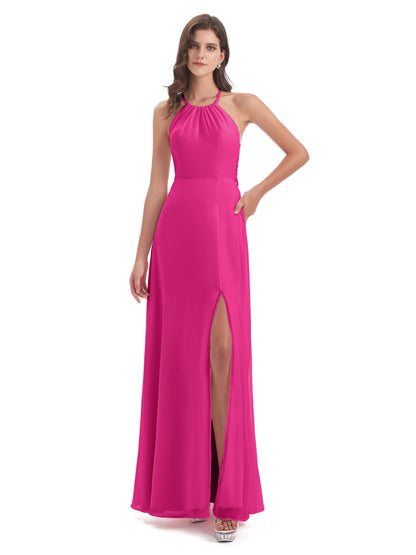 Samira Sheath Floor Length Halter Split Chiffon Bridesmaid Dresses