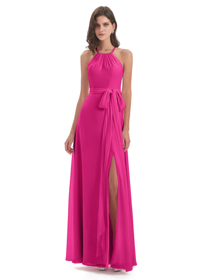 Samira Sheath Floor Length Halter Split Chiffon Bridesmaid Dresses
