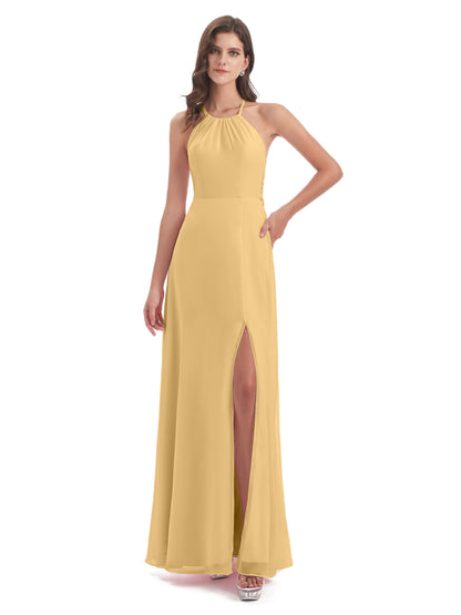 Samira Sheath Floor Length Halter Split Chiffon Bridesmaid Dresses