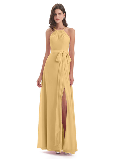 Samira Sheath Floor Length Halter Split Chiffon Bridesmaid Dresses