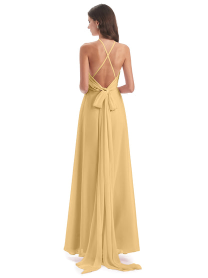 Samira Sheath Floor Length Halter Split Chiffon Bridesmaid Dresses