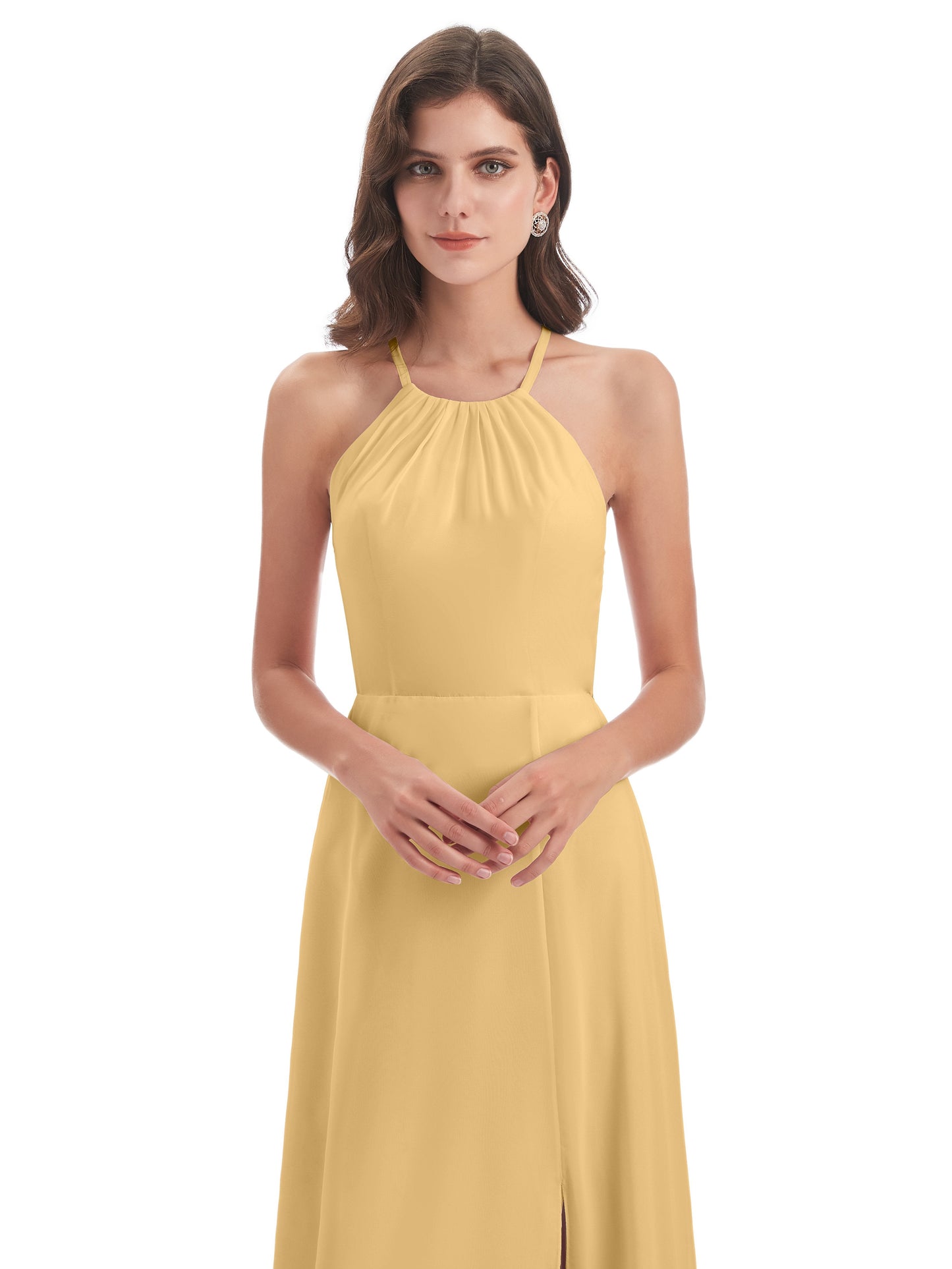 Samira Sheath Floor Length Halter Split Chiffon Bridesmaid Dresses