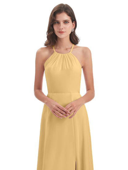 Samira Sheath Floor Length Halter Split Chiffon Bridesmaid Dresses