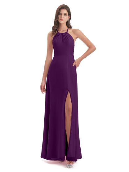 Samira Sheath Floor Length Halter Split Chiffon Bridesmaid Dresses
