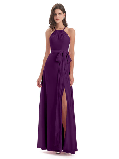 Samira Sheath Floor Length Halter Split Chiffon Bridesmaid Dresses