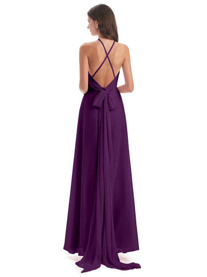 Samira Sheath Floor Length Halter Split Chiffon Bridesmaid Dresses
