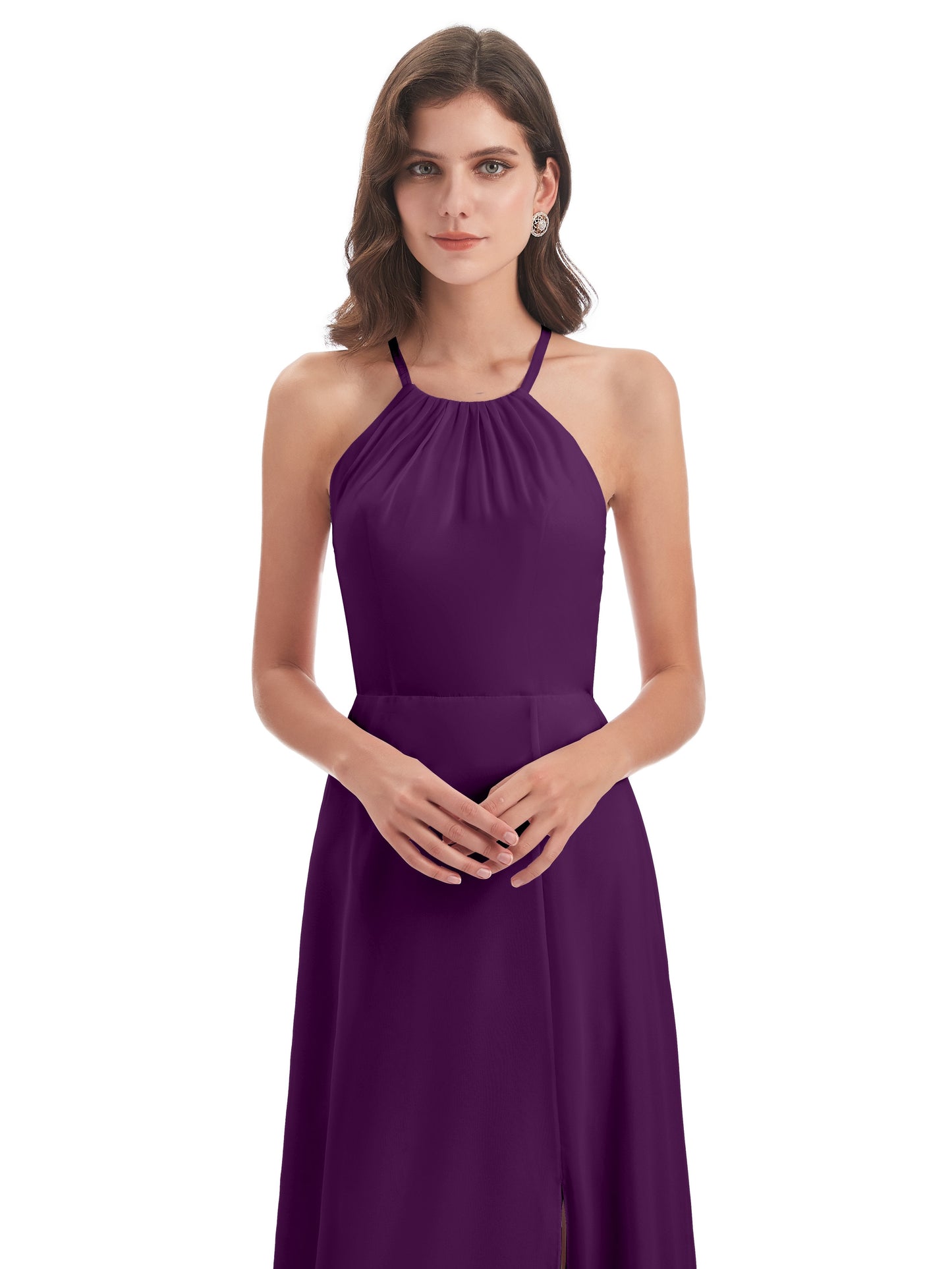 Samira Sheath Floor Length Halter Split Chiffon Bridesmaid Dresses