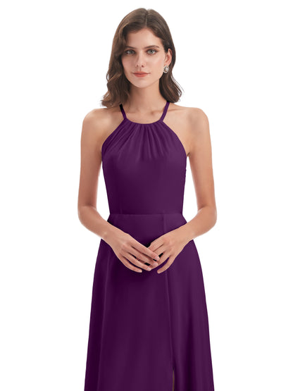 Samira Sheath Floor Length Halter Split Chiffon Bridesmaid Dresses