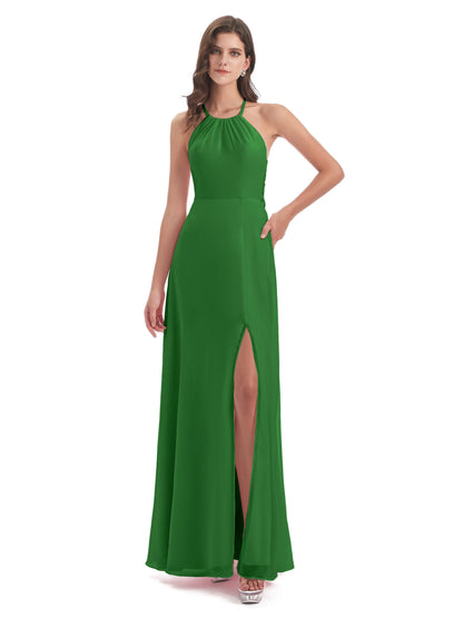 Samira Sheath Floor Length Halter Split Chiffon Bridesmaid Dresses