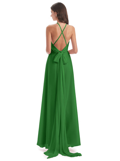 Samira Sheath Floor Length Halter Split Chiffon Bridesmaid Dresses