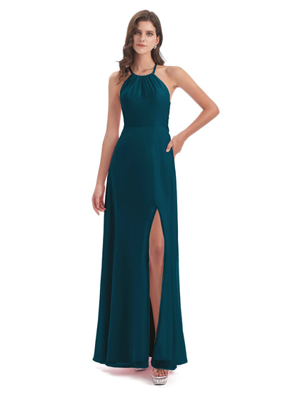 Samira Sheath Floor Length Halter Split Chiffon Bridesmaid Dresses