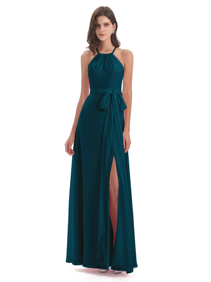 Samira Sheath Floor Length Halter Split Chiffon Bridesmaid Dresses