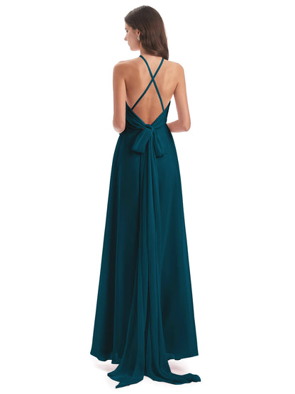 Samira Sheath Floor Length Halter Split Chiffon Bridesmaid Dresses
