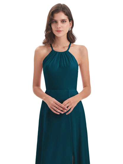 Samira Sheath Floor Length Halter Split Chiffon Bridesmaid Dresses