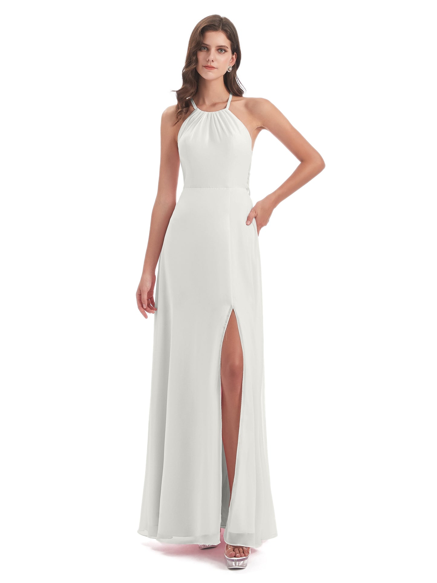 Samira Sheath Floor Length Halter Split Chiffon Bridesmaid Dresses