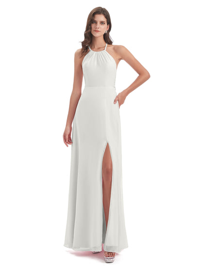 Samira Sheath Floor Length Halter Split Chiffon Bridesmaid Dresses