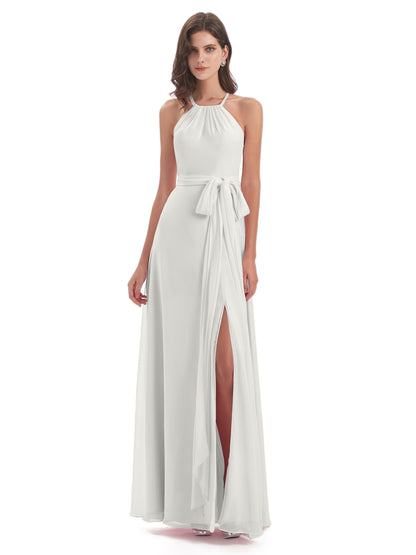 Samira Sheath Floor Length Halter Split Chiffon Bridesmaid Dresses