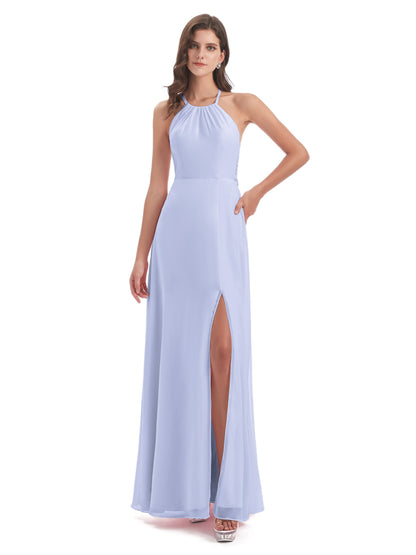 Samira Sheath Floor Length Halter Split Chiffon Bridesmaid Dresses