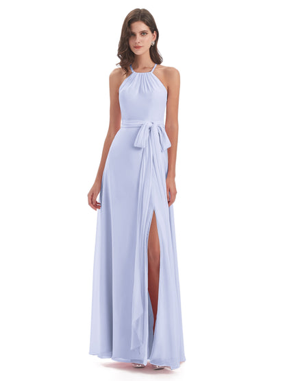 Samira Sheath Floor Length Halter Split Chiffon Bridesmaid Dresses