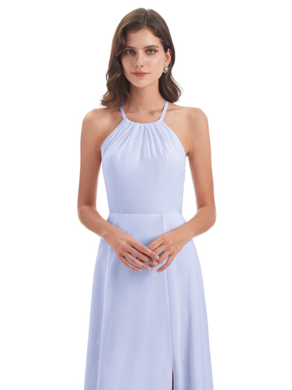 Samira Sheath Floor Length Halter Split Chiffon Bridesmaid Dresses