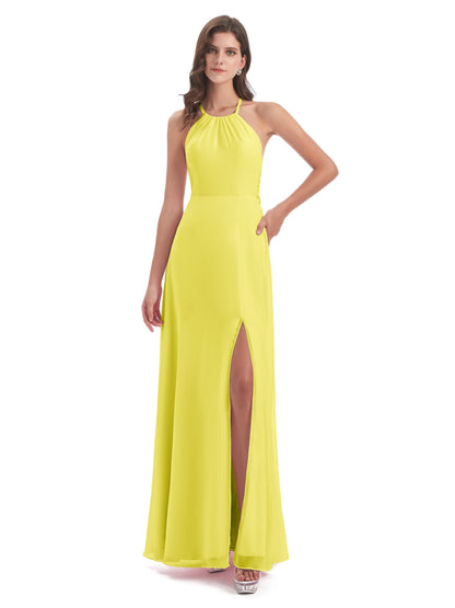 Samira Sheath Floor Length Halter Split Chiffon Bridesmaid Dresses