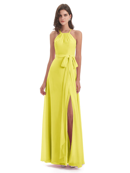 Samira Sheath Floor Length Halter Split Chiffon Bridesmaid Dresses