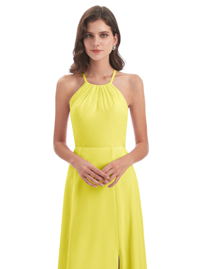 Samira Sheath Floor Length Halter Split Chiffon Bridesmaid Dresses