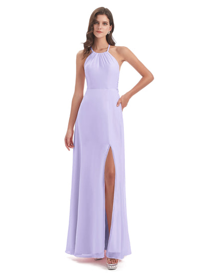 Samira Sheath Floor Length Halter Split Chiffon Bridesmaid Dresses