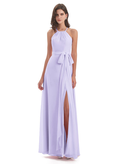 Samira Sheath Floor Length Halter Split Chiffon Bridesmaid Dresses