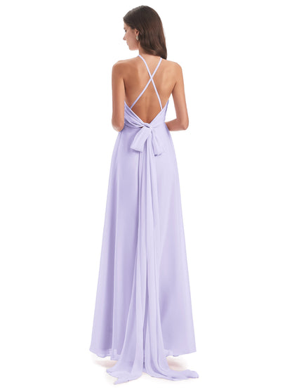 Samira Sheath Floor Length Halter Split Chiffon Bridesmaid Dresses
