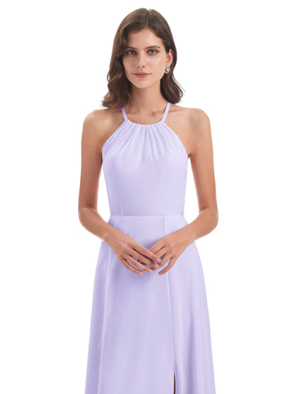 Samira Sheath Floor Length Halter Split Chiffon Bridesmaid Dresses