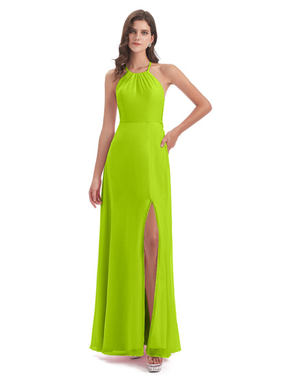 Samira Sheath Floor Length Halter Split Chiffon Bridesmaid Dresses