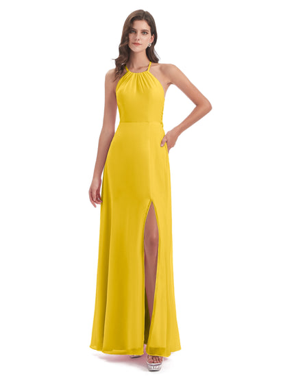 Samira Sheath Floor Length Halter Split Chiffon Bridesmaid Dresses