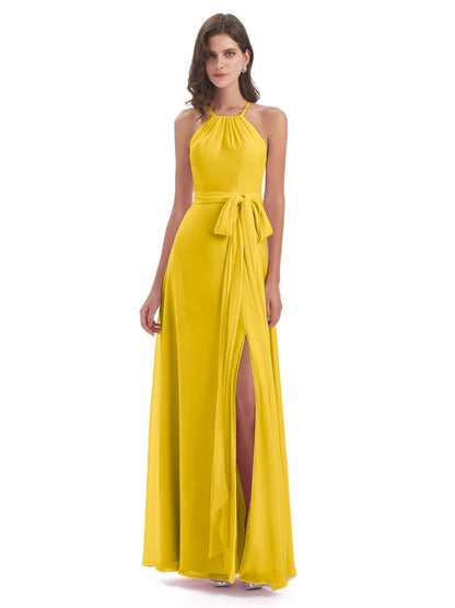 Samira Sheath Floor Length Halter Split Chiffon Bridesmaid Dresses