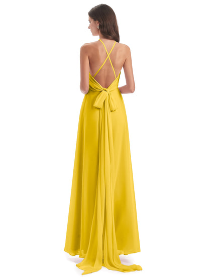 Samira Sheath Floor Length Halter Split Chiffon Bridesmaid Dresses