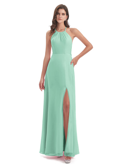 Samira Sheath Floor Length Halter Split Chiffon Bridesmaid Dresses