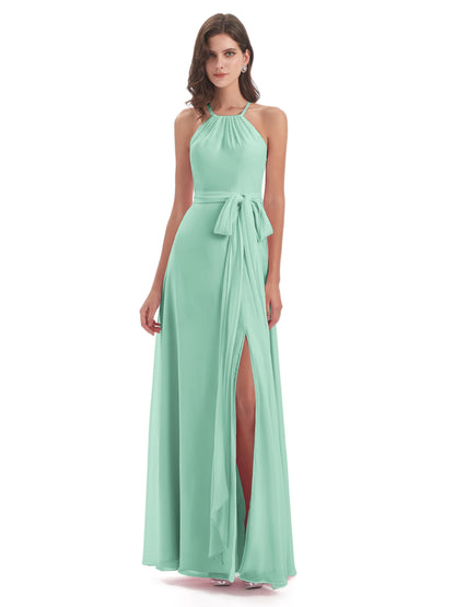 Samira Sheath Floor Length Halter Split Chiffon Bridesmaid Dresses