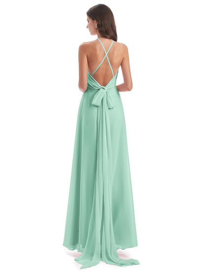 Samira Sheath Floor Length Halter Split Chiffon Bridesmaid Dresses