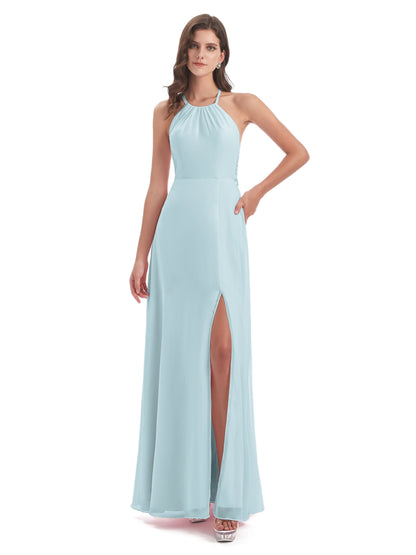Samira Sheath Floor Length Halter Split Chiffon Bridesmaid Dresses