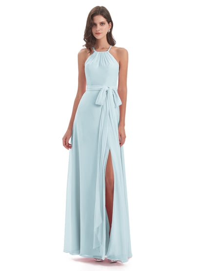 Samira Sheath Floor Length Halter Split Chiffon Bridesmaid Dresses