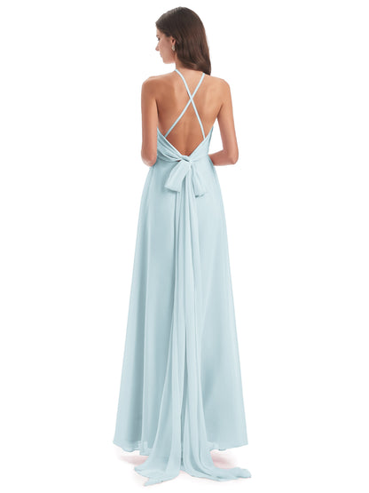 Samira Sheath Floor Length Halter Split Chiffon Bridesmaid Dresses