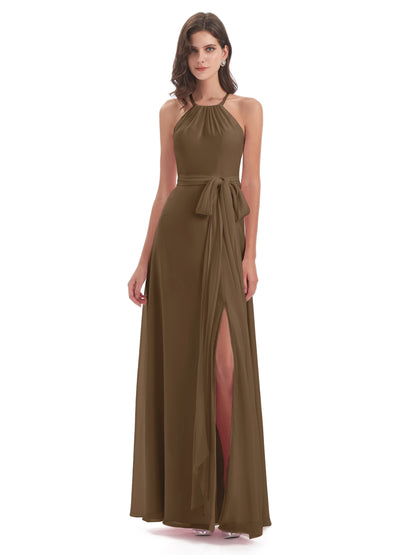 Samira Sheath Floor Length Halter Split Chiffon Bridesmaid Dresses