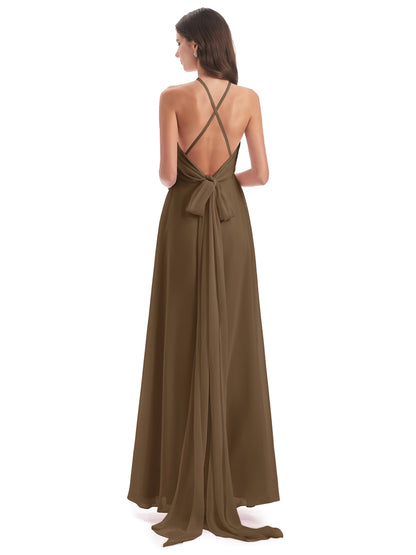 Samira Sheath Floor Length Halter Split Chiffon Bridesmaid Dresses