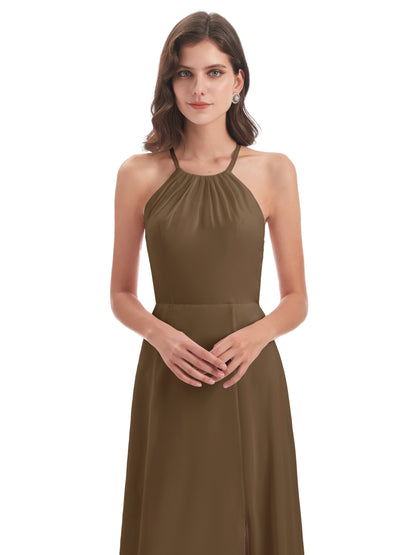 Samira Sheath Floor Length Halter Split Chiffon Bridesmaid Dresses